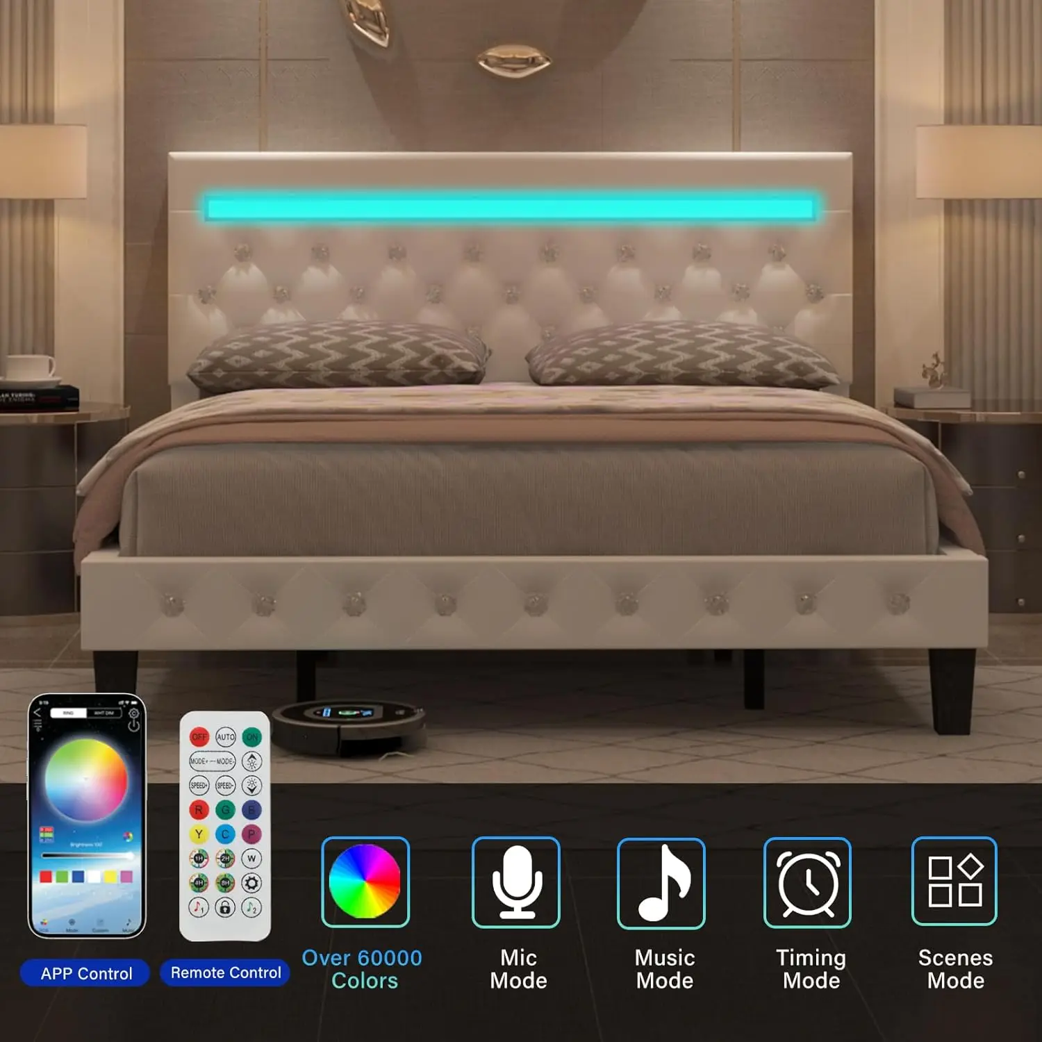 Estructura de cama con plataforma de cuero con luces LED, cabecero con cojín suave ajustable