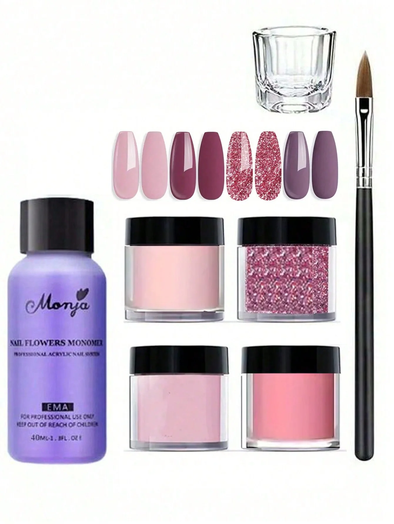 Juego de polvo acrílico para uñas de 7 piezas, kit de arte de uñas líquido acrílico de cristal, pinceles para uñas, juego de herramientas de manicura para principiantes