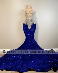 Luxury Royal Blue Sequins Mermaid Prom Dresses 2026 For Black Girls Beaded Crystals Formal Birthday Party Gowns Customized