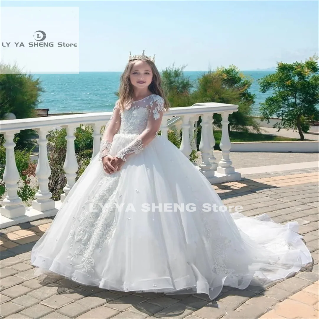 Robe de demoiselle d'honneur à manches longues bouffantes en tulle pour enfants, appliques de mariage, longueur au sol, robe de fête d'anniversaire charistique pour enfant