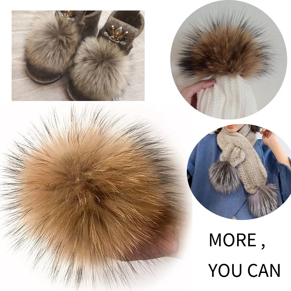 DIY Raccoon Dog Skin Fur Pompon Real Fox Fur Pompoms Mink Fur Pom Poms For Scarf Gloves Hats Decoration Big Fur Pom For Hat 15cm