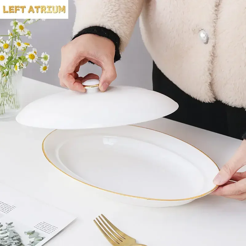 Steamed Fish Plate Oval Plate Abalone Juice Dish Sea Cucumber Plate Ceramic Dinnerware with Lid Hotel Restaurant Dishes