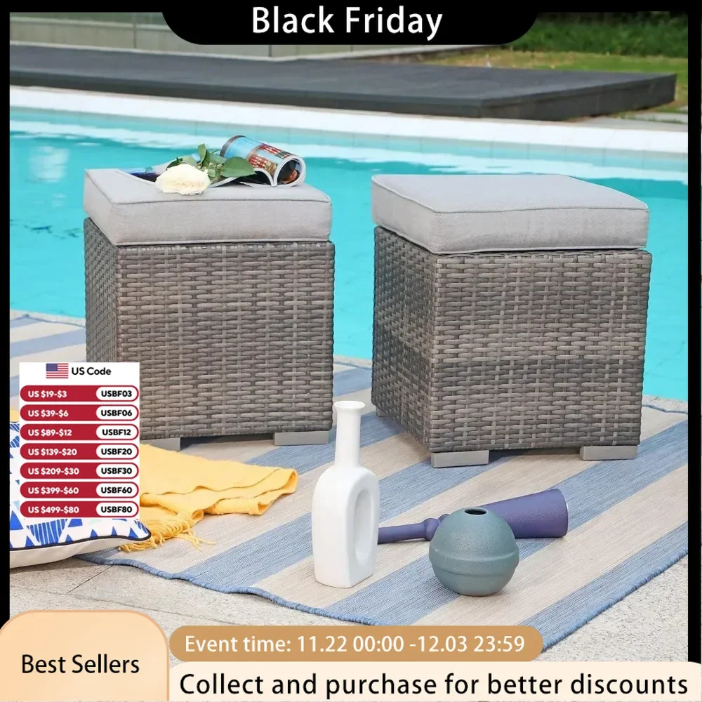 Outdoor 2 Pieces Assembled Patio Ottoman, Indoor Outdoor AllWeather Grey Wicker Rattan Outdoor Footstool, Footrest Seat