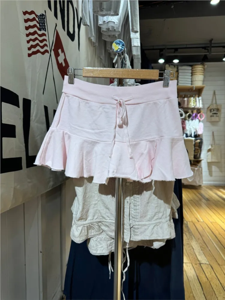 Pink Drawstring Raw Hem Mini Skirt Women Summer Elastic Waist Ruffle A-line Faldas Preppy Style Sweet Ballet Short Skirt Y2k New