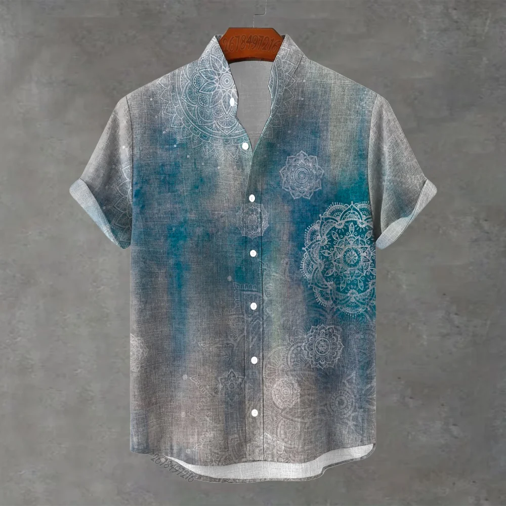 Men's Summer 2026 Short-Sleeve Mandarin Collar Shirt-Loose-Fit Casual Beach/Vacation Cardigan with Vintage Mandala Lotus Print