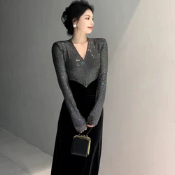 New Spliced Temperament Dress V-neck Pleated Slimming Long Skirt Fashion Color Blocked Long Sleeved Light Luxury Skirt Dresses