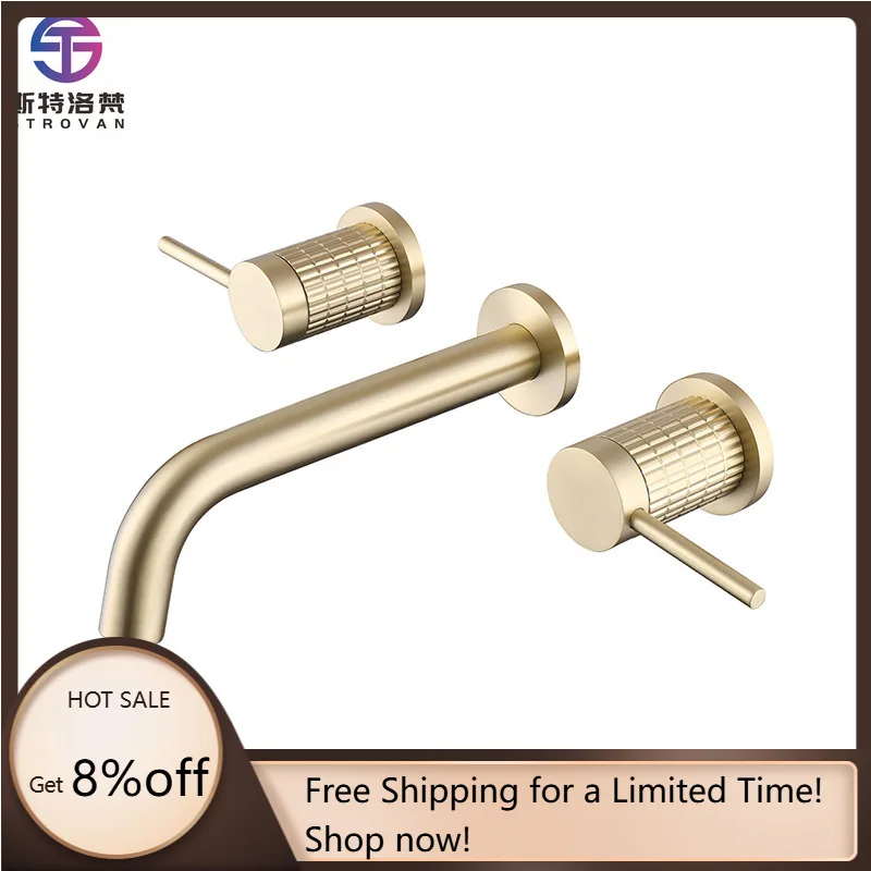 

Brushed Gold Concealed Wash Hot Cold Wall Mounted Copper Bathroom Sink Tap Mixer Basin Faucet