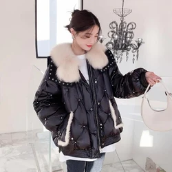 Fashion Women Short Stitching Fur Parka Coat Winter Imitation Fox Fur Collar Embroidered Beaded Navy Collar Cotton Jacket Female