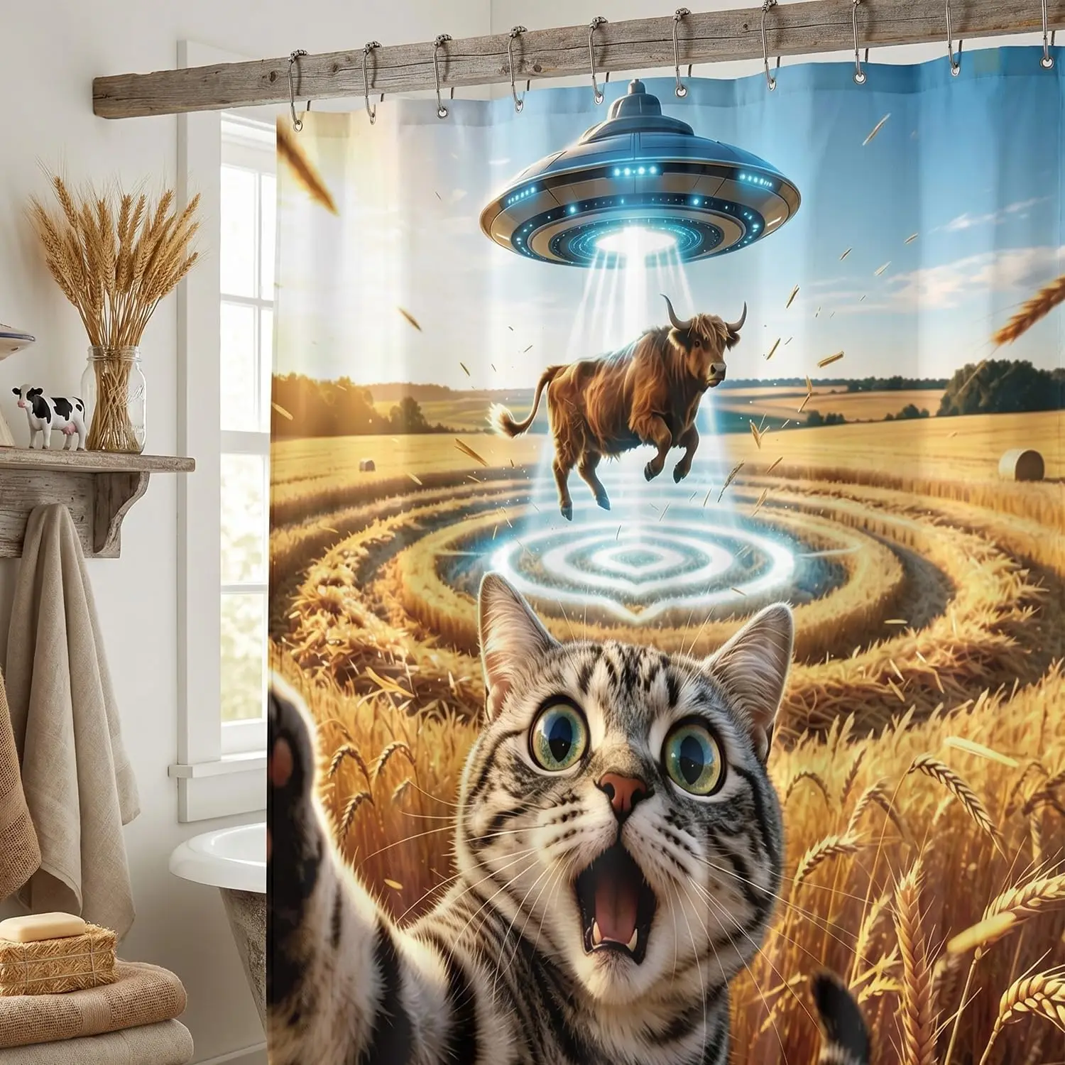 Funny Cat UFO Shower Curtain, Alien Abduction Cow Print, Meme Bathroom Decor, Waterproof Polyester Fabric Screen