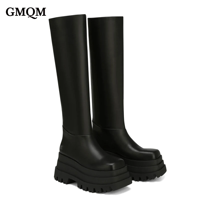 GMQM Brand Fashion Women\'s Pumps Platform Ankle Boots Thick Sole Patent Pu The Knee Boots Sexy Elastic Band Punk Style High Heel