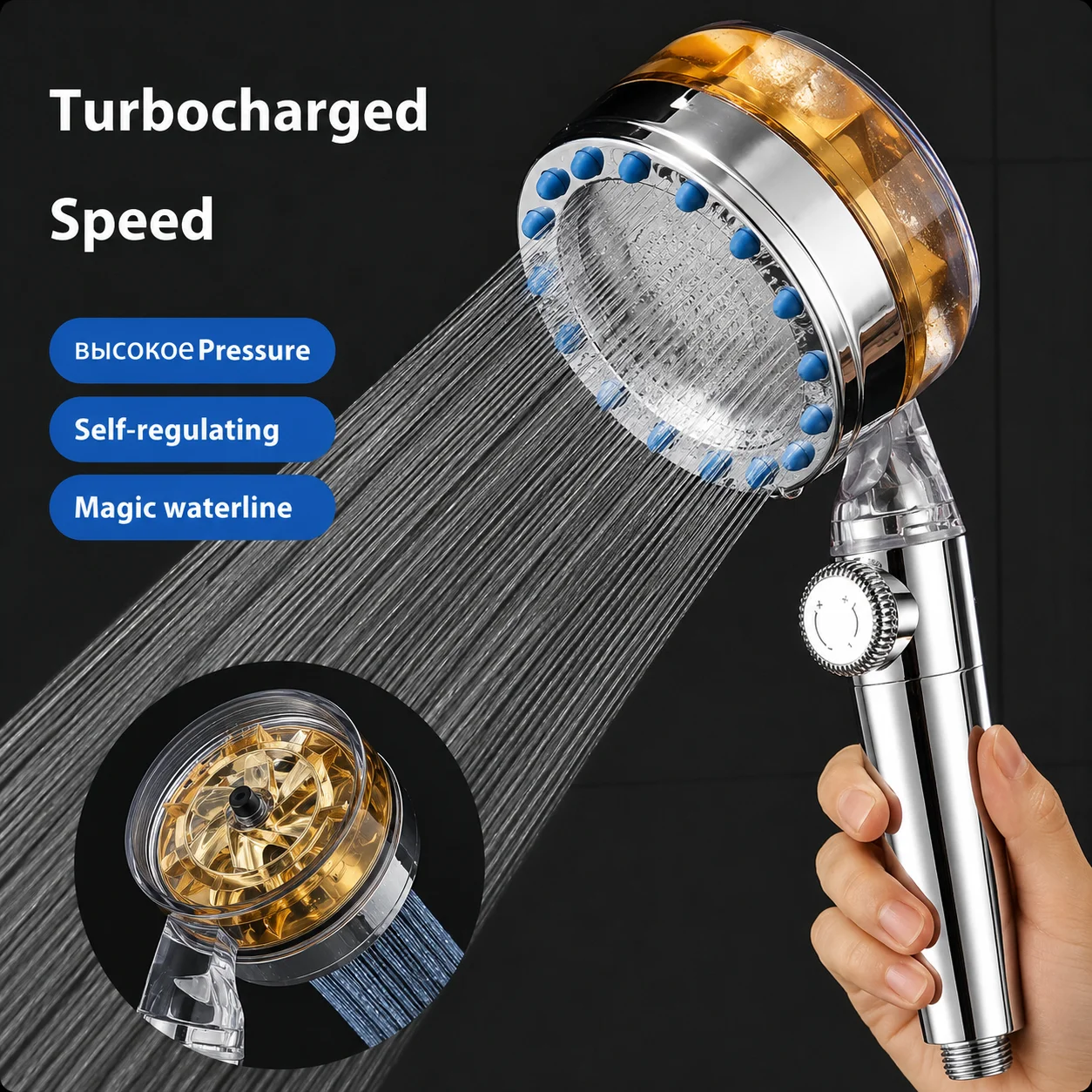 Turbo High Pressure Handheld Shower Adjustable Water Flow Built-in Filter Self-Regulating Nozzle Daily Family Bathing