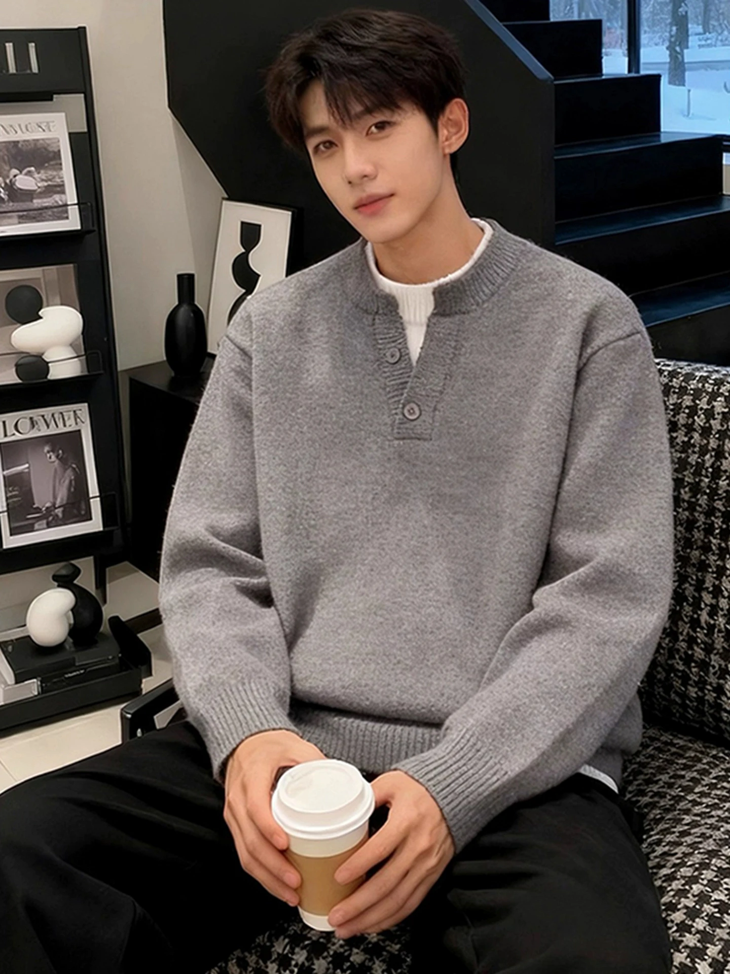 

Мужской утепленный вязаный свитер Henry Collar: зимний повседневный базовый слой с эффектом двухслойности и круглым вырезом