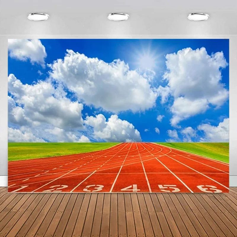 Race Course Red Running Tracks Backdrop Photography Background Blue Sky White Cloud Green Grass Birthday Party Banner Decoration