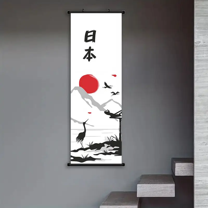 VIKAMA Japanese Ink Mountain Hanging Scroll Tapestry Crane Rising Sun Poster Vertical Wall Art for Bedroom Living Asian Decor