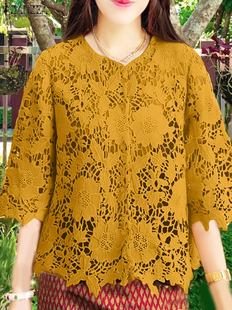

ZANZEA Women Casual Openwork Lace Shirts Summer V-Neck 3/4 Sleeve Button Up Patchwork Chemise Femme Day Wear Elegant Blouses