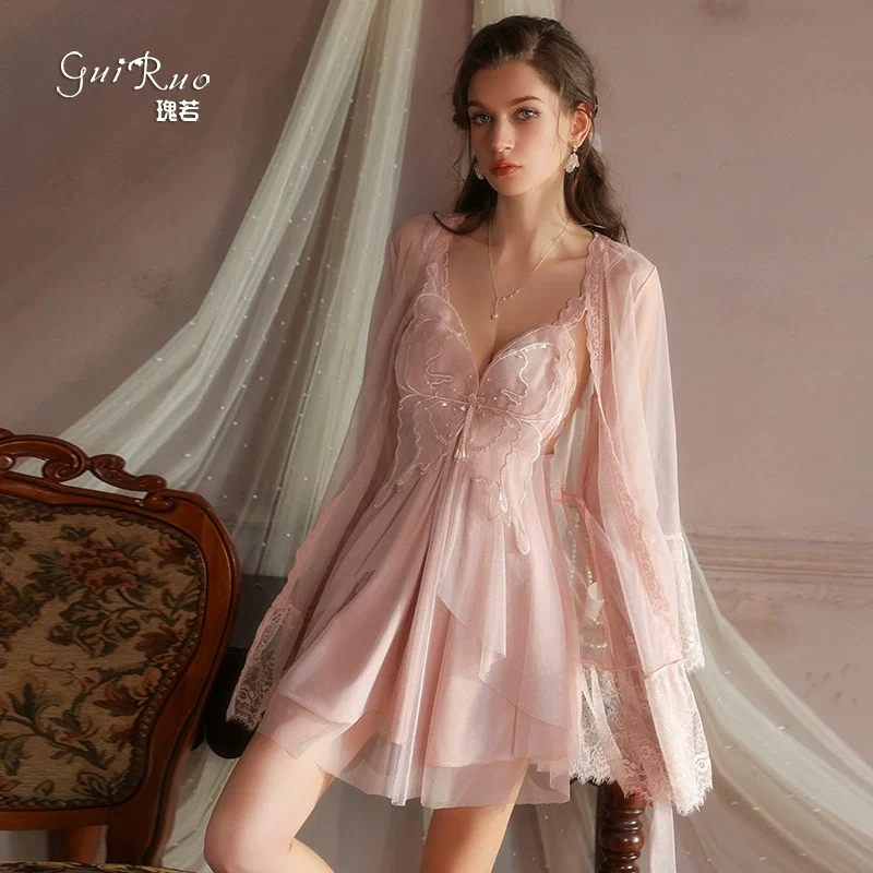 

Lady Satin Twinset Robe Set Palace Style Lace Chemise Nightgown Satin Kimono Bathrobe Gown Spring Summer Homedress Sleepwear