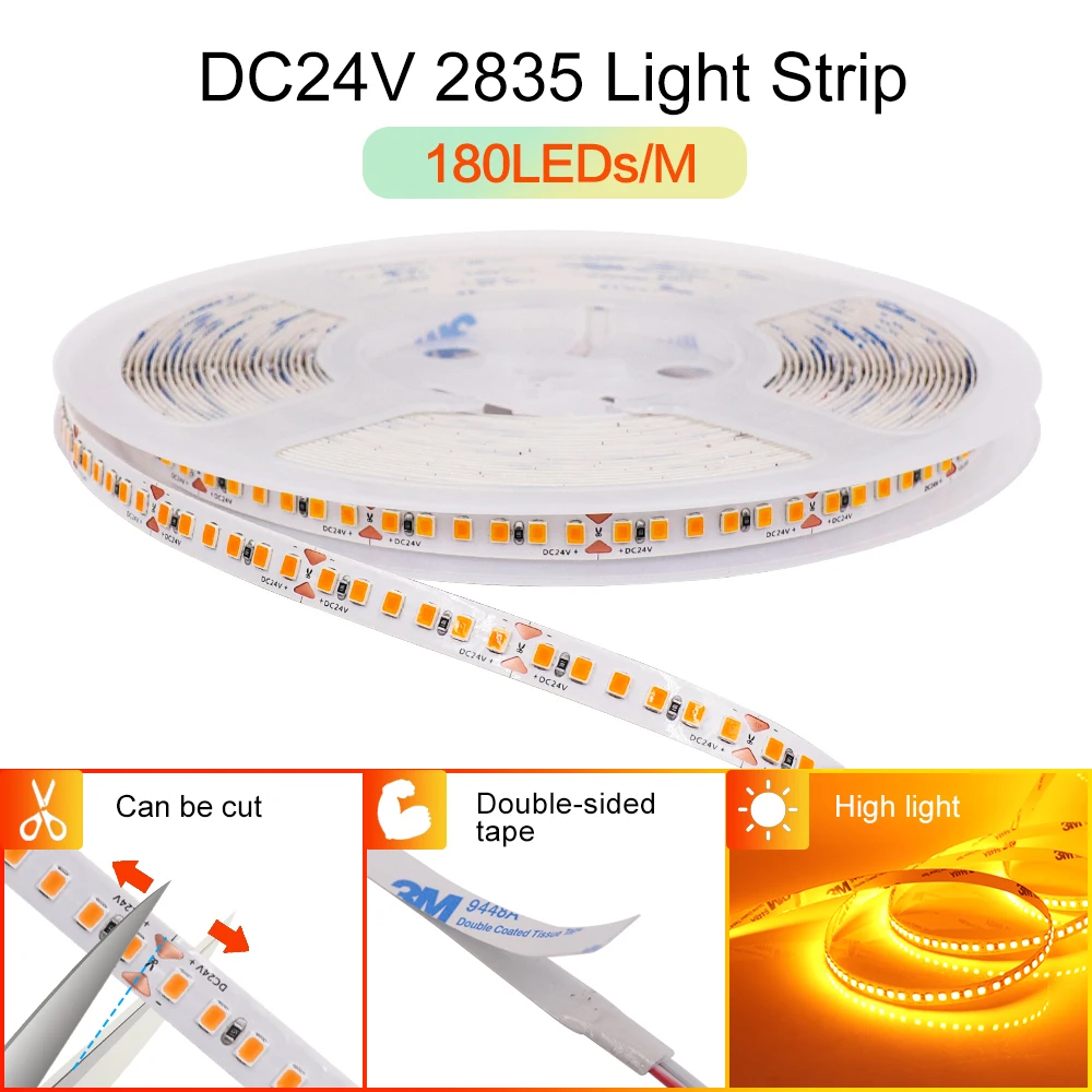 180 LEDs/M LED Strip Light SMD2835 10M/Roll 12V 24V Multicolors Super Flex Adhesive LED Tape for Handmade Mirror TV Backlight