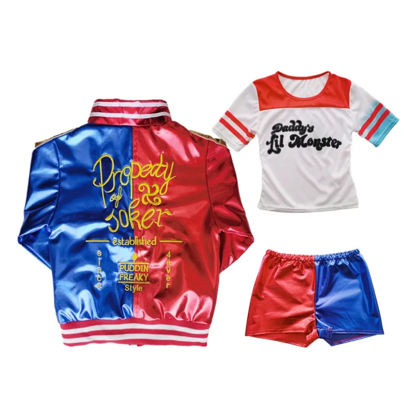 

New 2025 Purim Kids Girls Suicide Harley Cosplay Costumes Harleen Quinzel Premium Embroidery Jacket Squad Quinn Party T-sh ★AA9X
