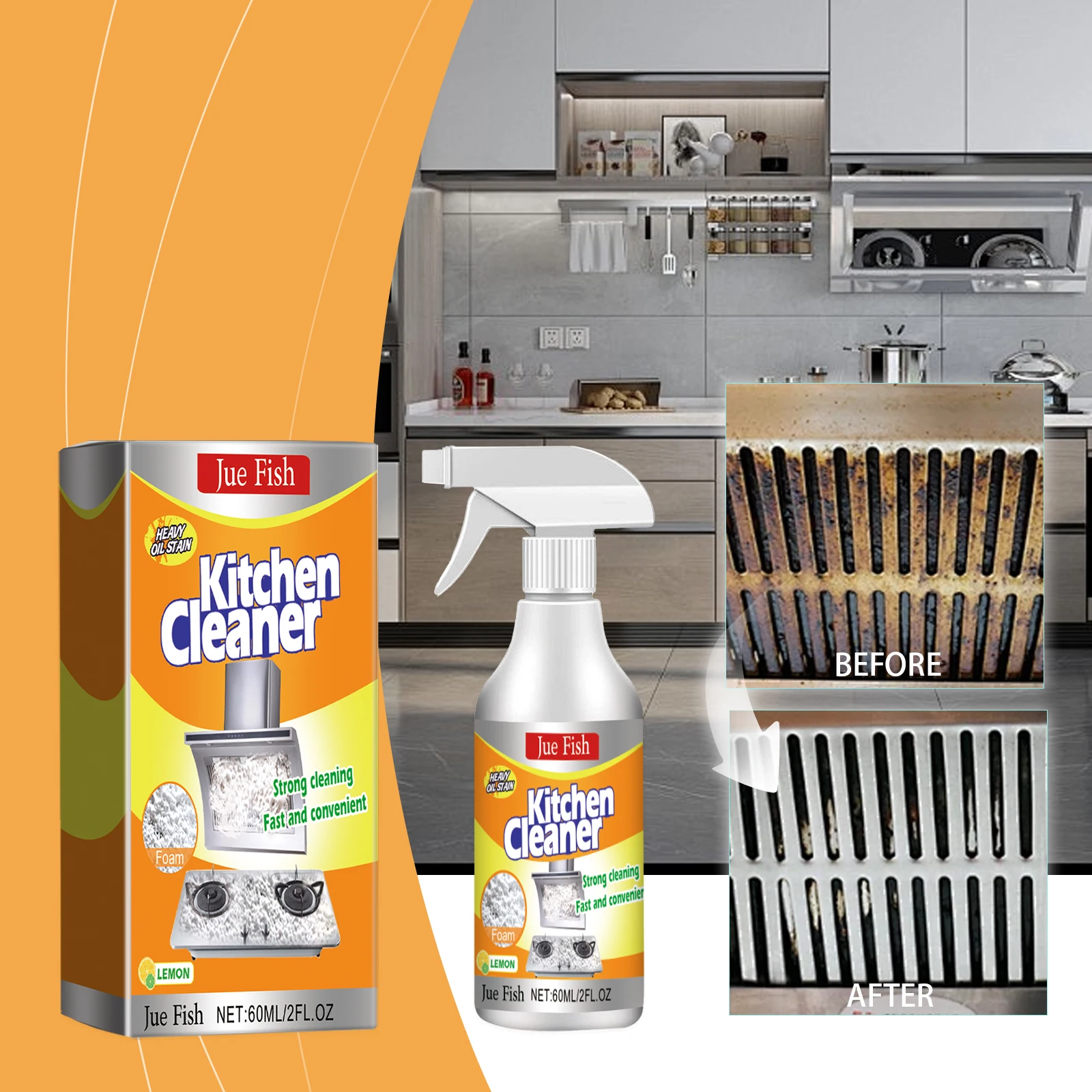 Kitchen Cleaner Spray 60ml Heavy Oil Stain Remover Rich Foam With Fresh Lemon Scent Fast Acting And Easy To Use