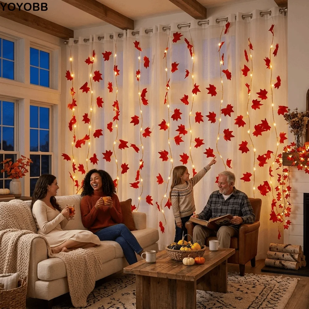 LED String Lights Warm White Remote Control Fairy Curtain Lights Lightweight Durable Material Lifelike Maple Leaves