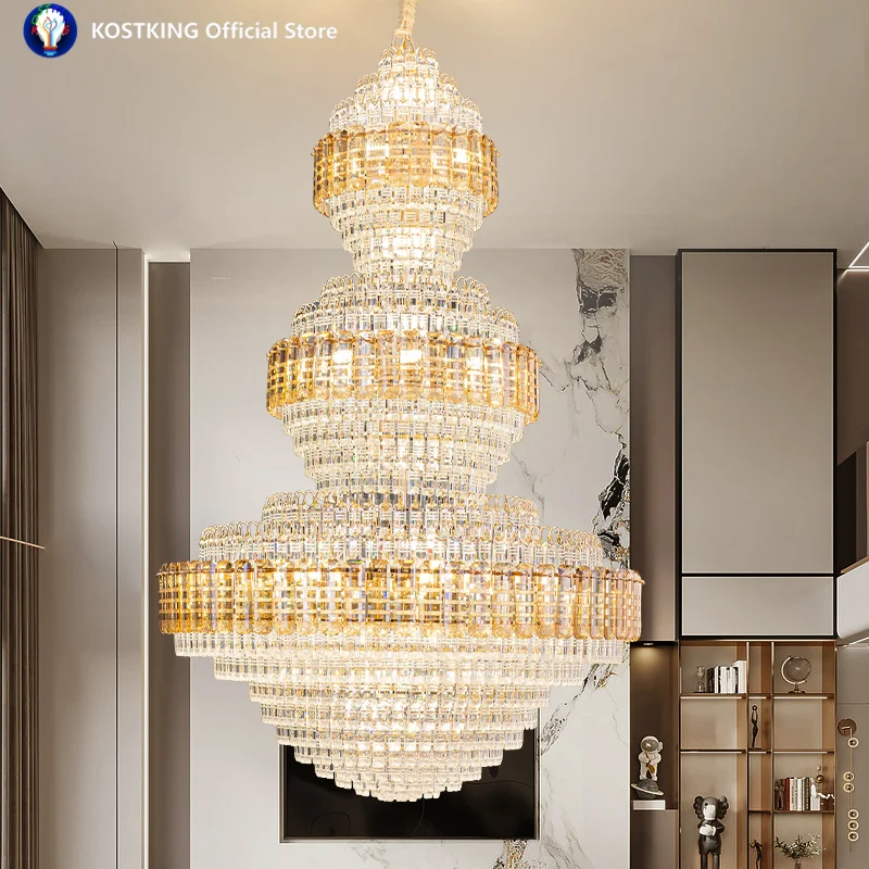 2025New European Duplex Large Chandelier Villa Building Middle Floor Living Room Crystal Lamp Hollow Hall Long Chandelier Luxury