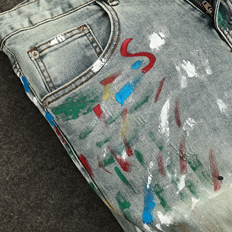 NewY2K Jeans Embroidered Scratched Painted Washed Water Nostalgic Retro Light Grey Blue Men's Jeans Designer High Quali