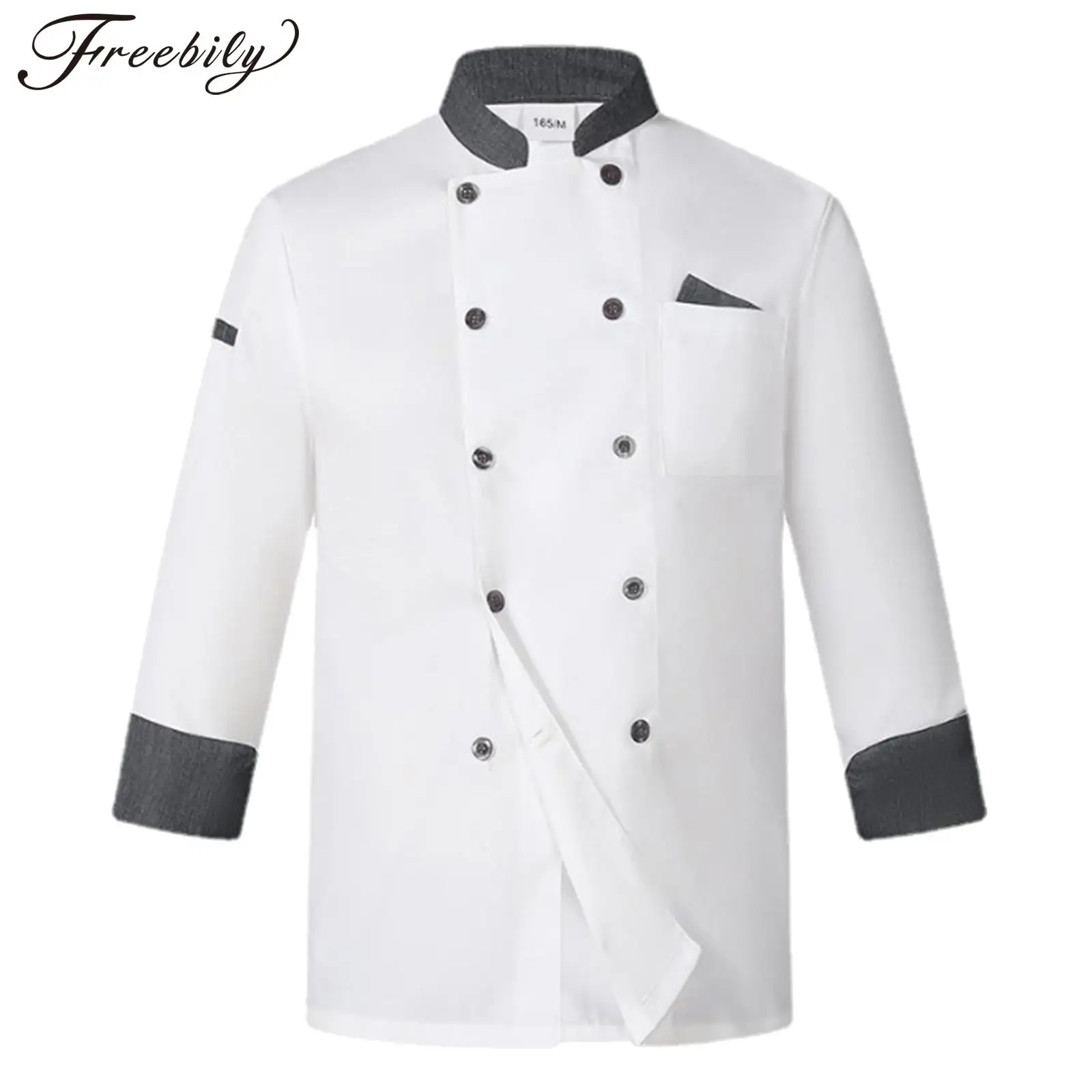 Unisex Women Men Double-Breasted Chef Coat Contrast Color Stand Collar Long Sleeve Cook Jacket Restaurant Hotel Kitchen Uniform