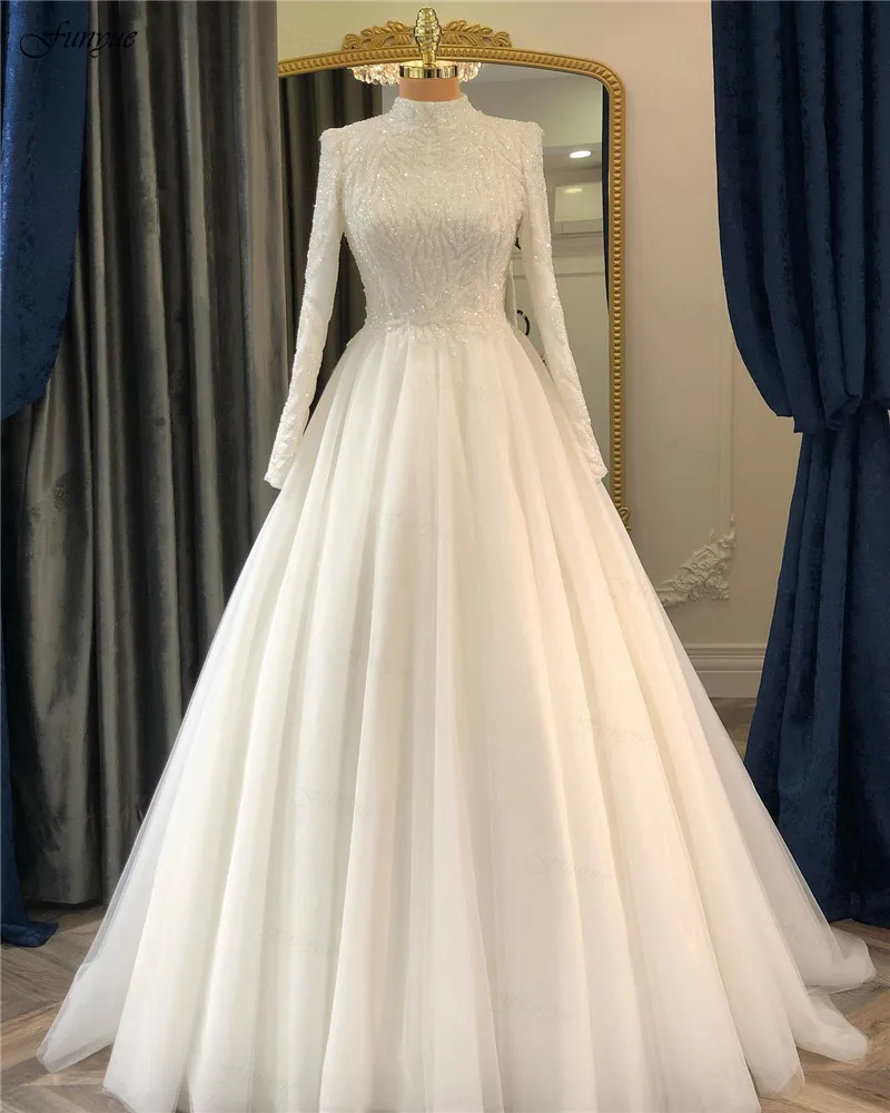 Funyue Luxury Bespoke Wedding Dress High Neck A-Line Beads Bodice Long Sleeve Muslim Wedding Gown for Bride 2022 Robe De Mariée