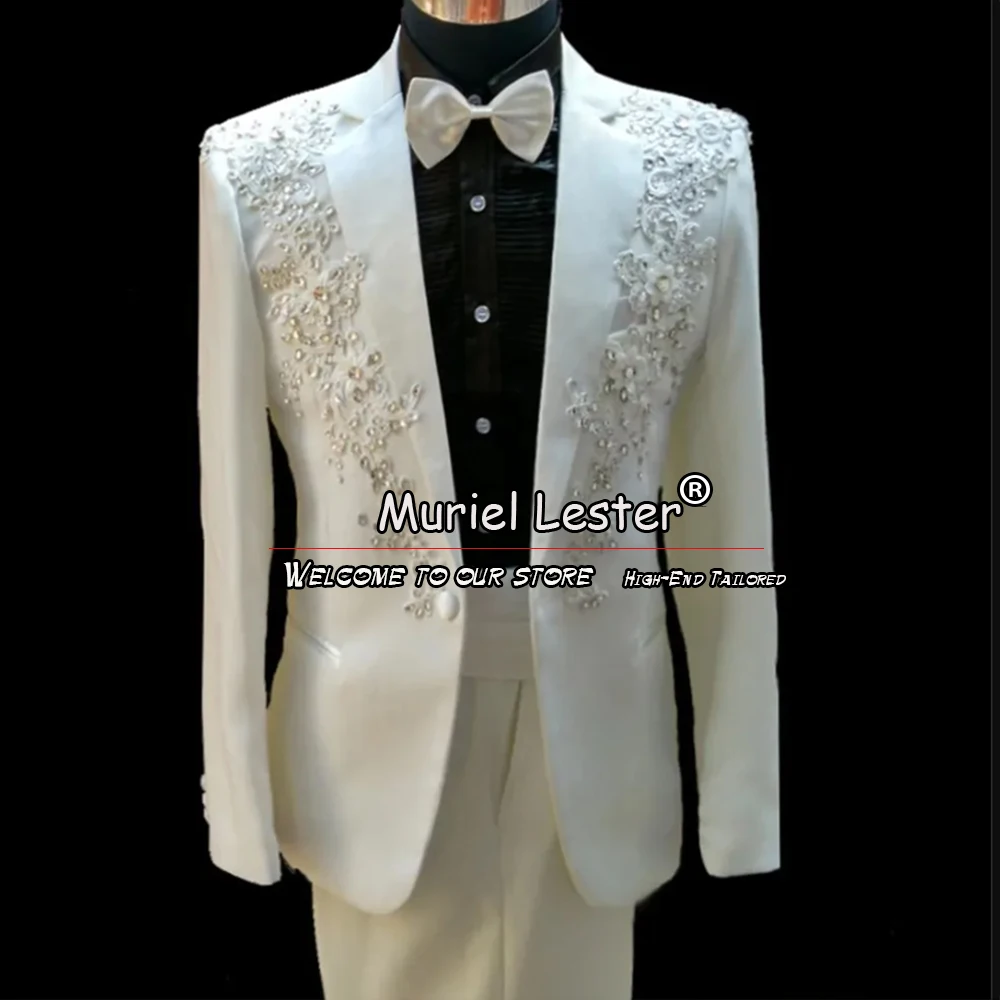 

Luxury Wedding Suits For Men Slim Fit Ivory Appliques Beaded Blazer Pants 2 Pieces Groom Wear Tuxedo Tailor-Made Banquet Dress