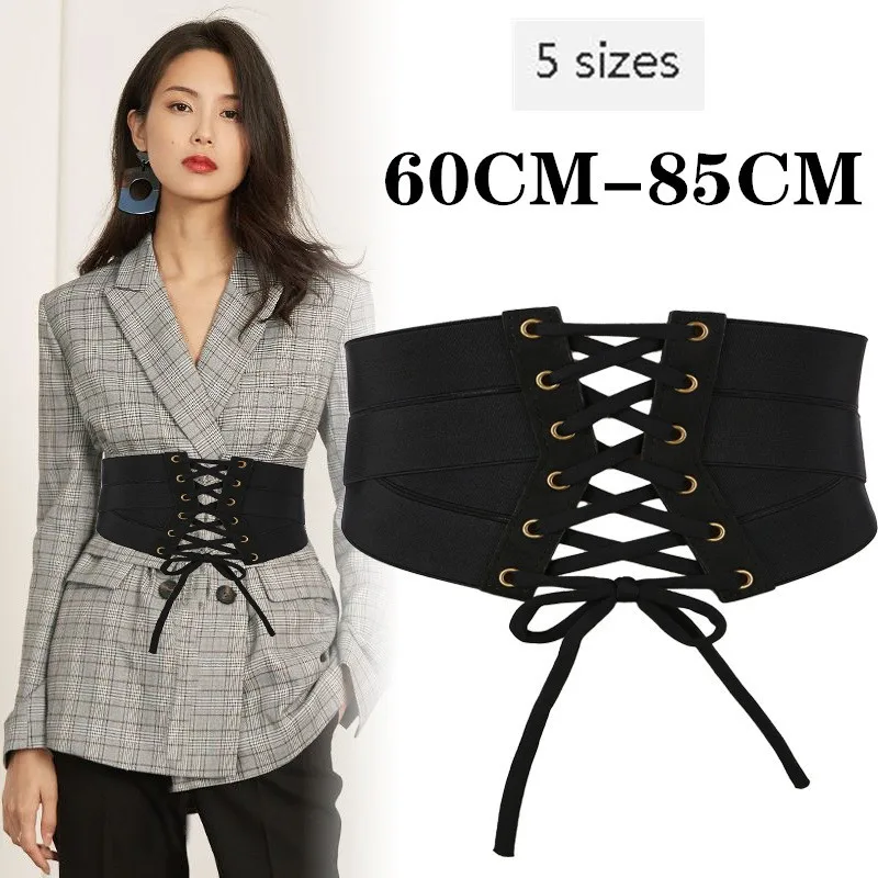 Women Wide Waist Four Seasons Fashion Cover Korean  Versatile Perforated Strap Ultra Elastic Belt 5 Sizes Black Belt  Zipper