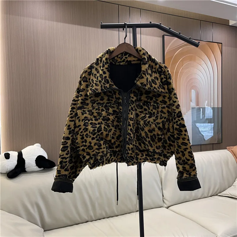 Design Sense Personalized Leopard Print Fluffy Jacket Short Denim On Both Sides Thickened Women's Clothes 2024 Winter Overcoat