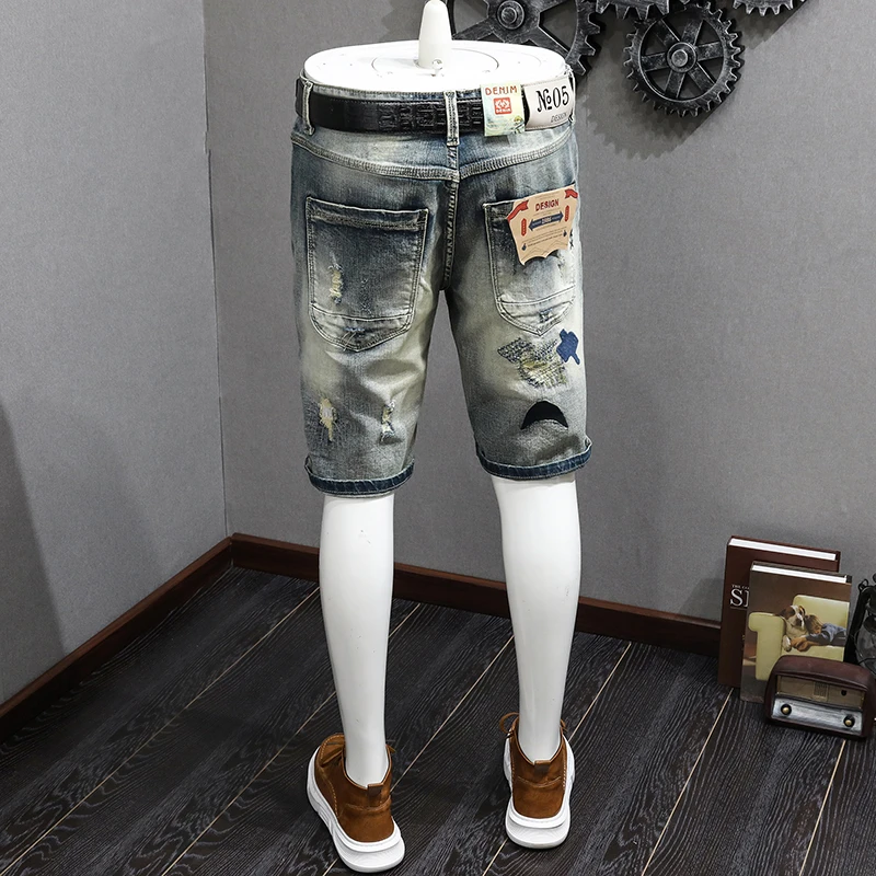 Retro Denim Shorts Men's Nostalgic Hole & Patch Fashion Individual Casual Stretch Slim Fit Summer Pirate Shorts