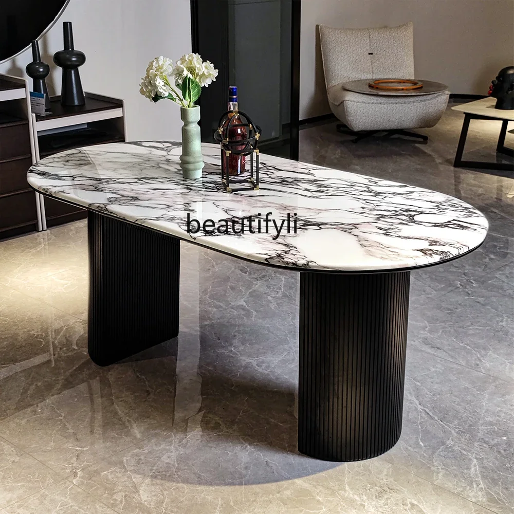 xz1Marble dining table French luxury stone retro rock slab, household oval solid wood table