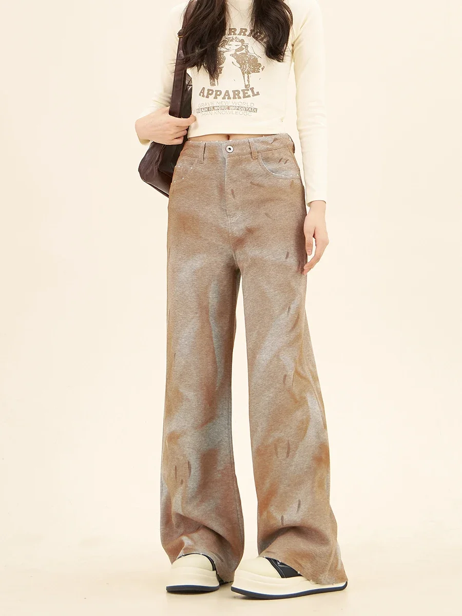 

Mud-dyed Casual Pants Women's 2024 Autumn New Loose Bf American High Street Tide Brand Wasteland Wind Wide Legs