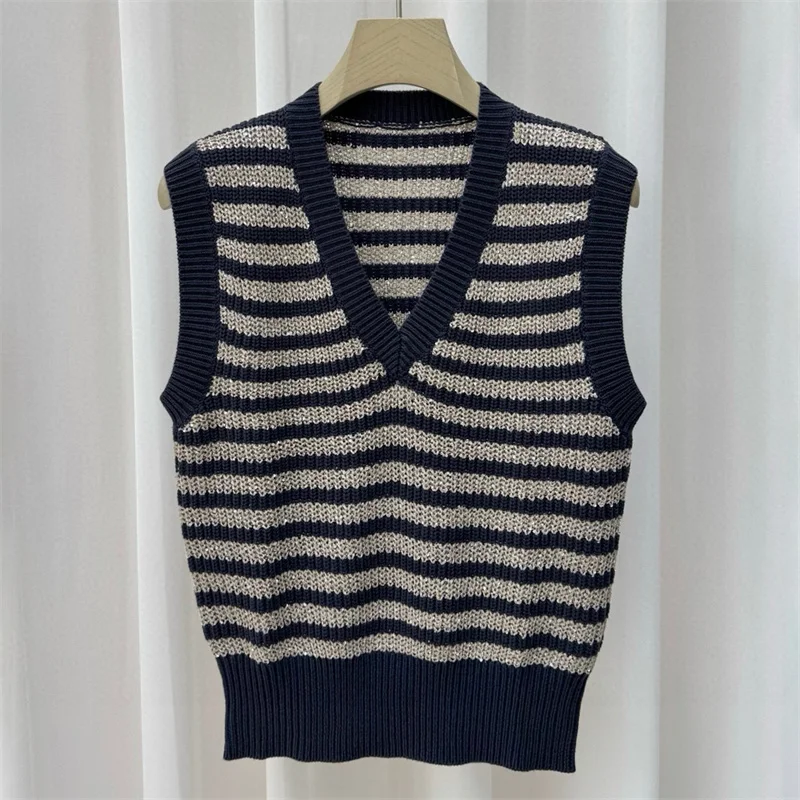 

Women's sweater New elastic knitted slim fit sleeveless top for autumn 2025 cotton blended V-neck pullover y2k stripes Knitwear