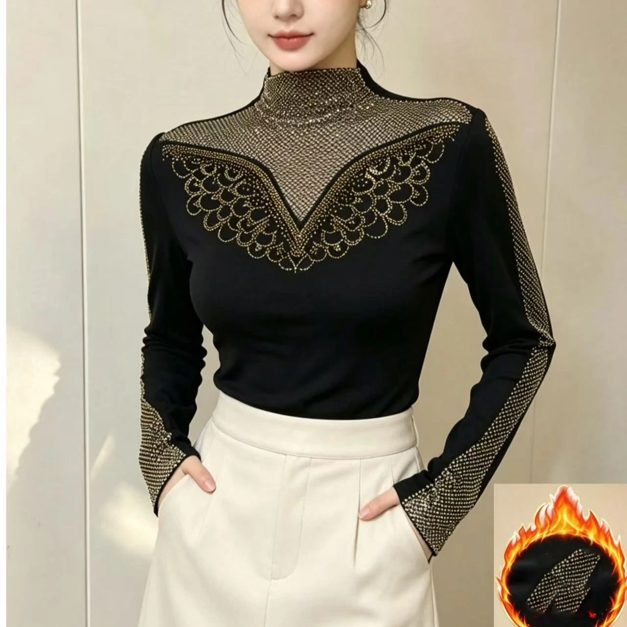 MadBlack-Women European Brushed T-Shirt, Sexy Mock Neck Diamond, Korean Long Sleeve Slim M-3XL Knit Tee, 2026 Autumn T6O803CC