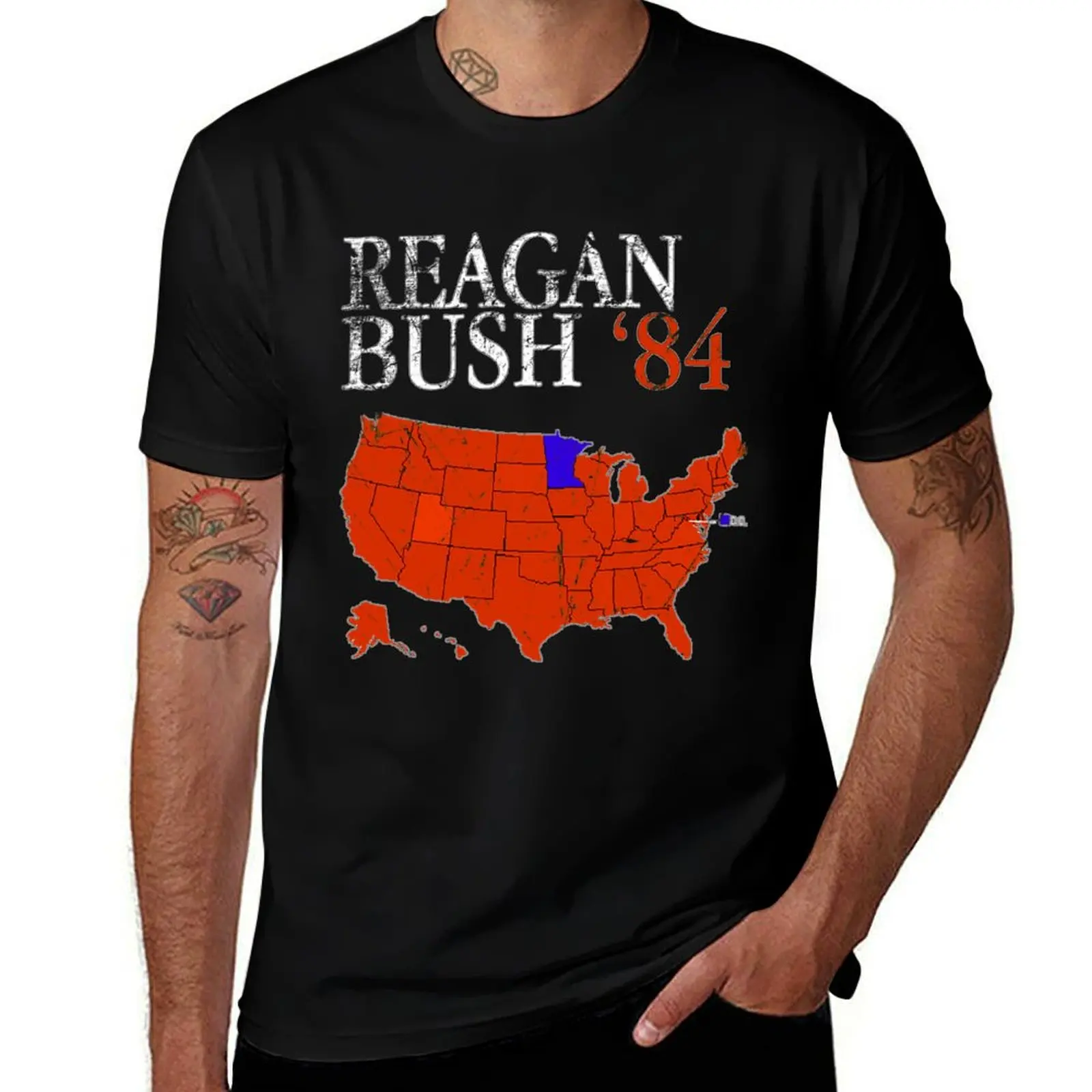 

Vintage Style Distressed Reagan Bush '84 Retro Logo Red White Blue Election Map Ronald George 1984 84 Red States T-Shirt
