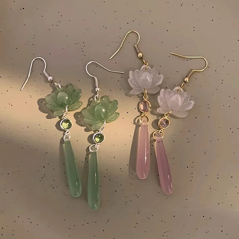 1 paar Chinesischen Stil Lotus Anhänger Quaste Ohrringe Klassische Retro Elegante Lange Tropfen Ohrringe Schmuck Geschenke Für Frauen Mädchen