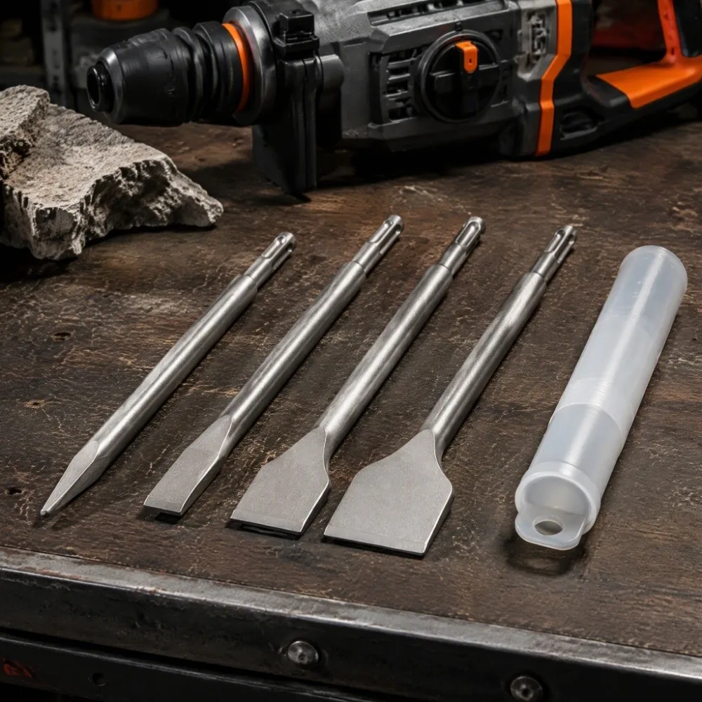 4pcs SDS Plus Shank Chisel Bit Set Round Shank Pointed Chisel Masonry Chisel Bits Heavy Duty Design Flat Chisel