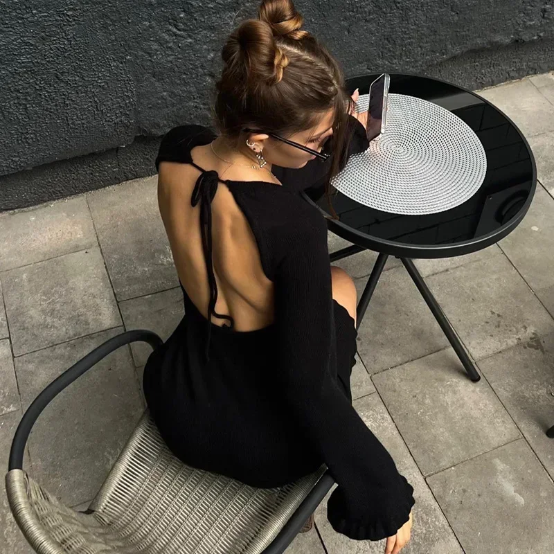 

O-Neck Lace-Up Backless Mini Dresses Female Long Flare Sleeve Fashion Slim Fit Bandage Dress Summer Women Bohemian Robes Платье