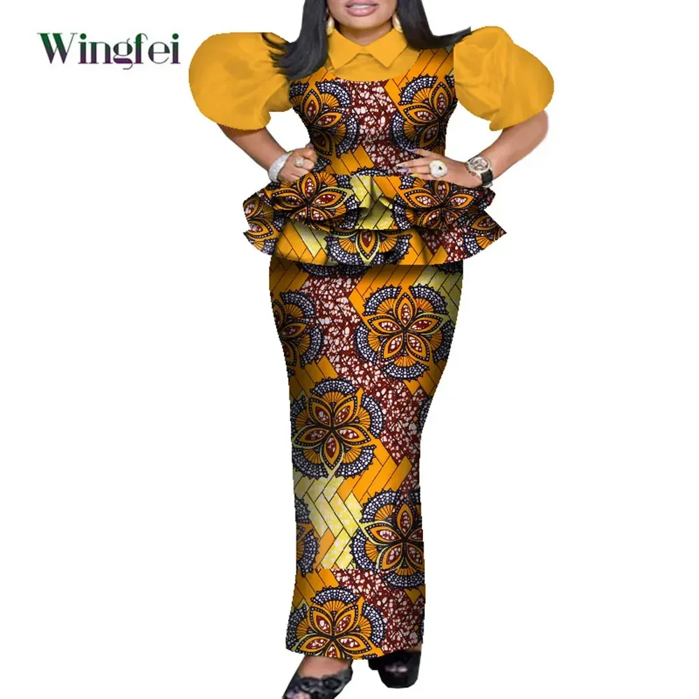 African Clothes for Women Fashion 2 Pieces Set Floral Print Pleat Top and Robe Skrit Dashiki Party Outfit Puff Sleeve WY8053