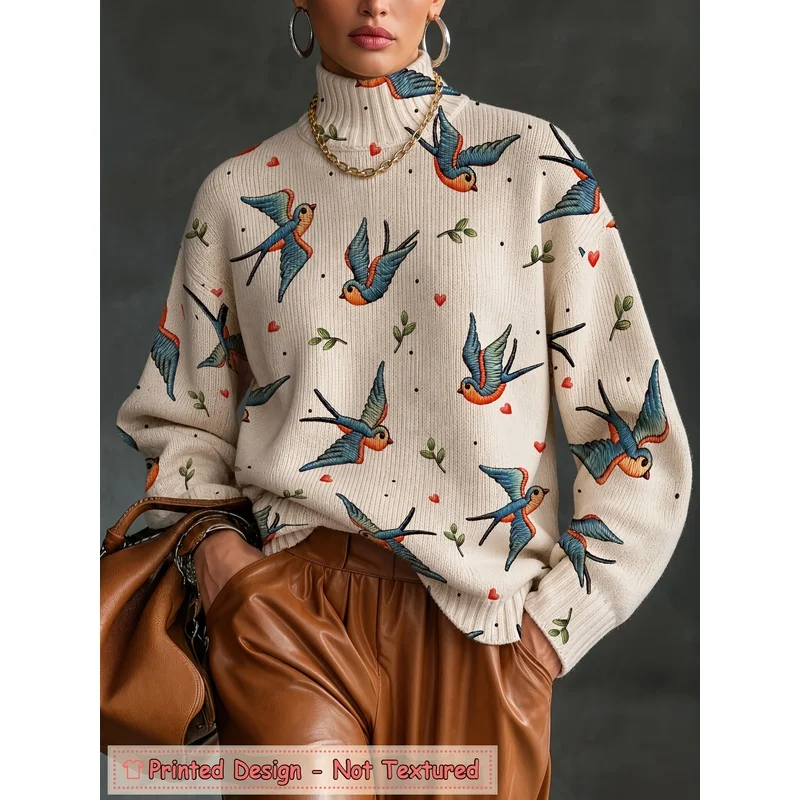 Women's Bird Branch Print Turtleneck Sweater Long Sleeve Knit Pullover Loose Soft Warm Autumn Winter Casual Fashion Jumper