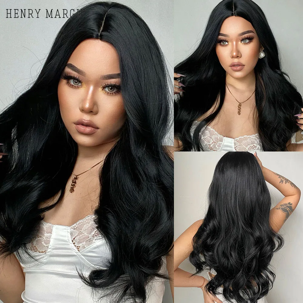 HENRY MARGU Long Wavy Black Synthetic Wigs for Women Middle Part Natural Daily Wavy Hair Wig Cosplay Heat Resistant Wig