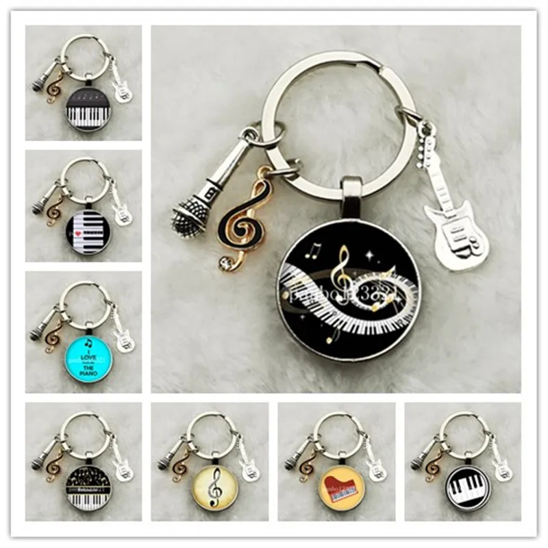 Musical Instrument Piano Guitar Electronic Organ Music Keychain Pendant Musical Note Keychain Keyring Music Glass Dome Jewelry