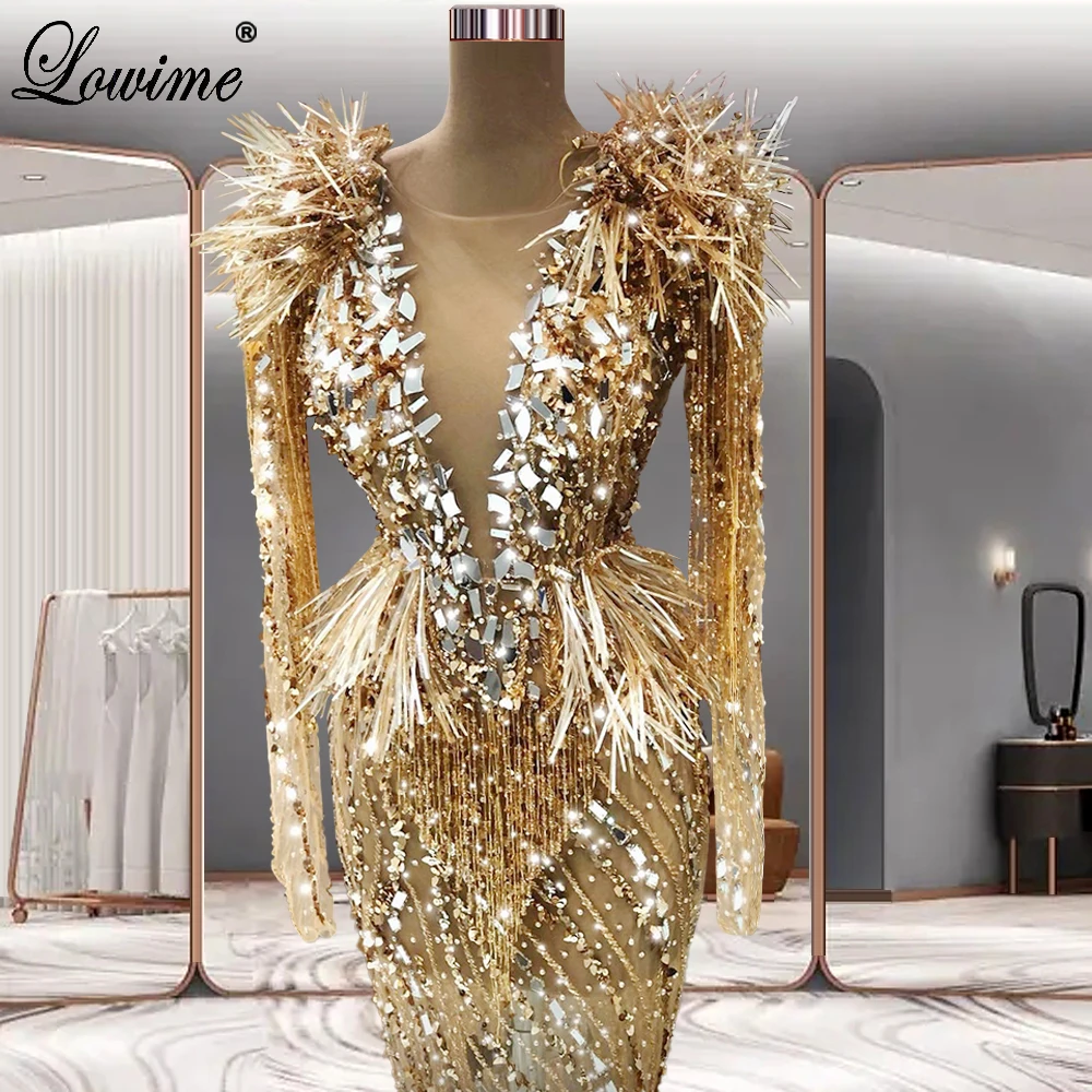 Sparkly Golden Beaded Evening Dresses Bling Bling Long Sleeves Evening Gowns Mermaid Special Occasion Gowns Vestidos De Mujer