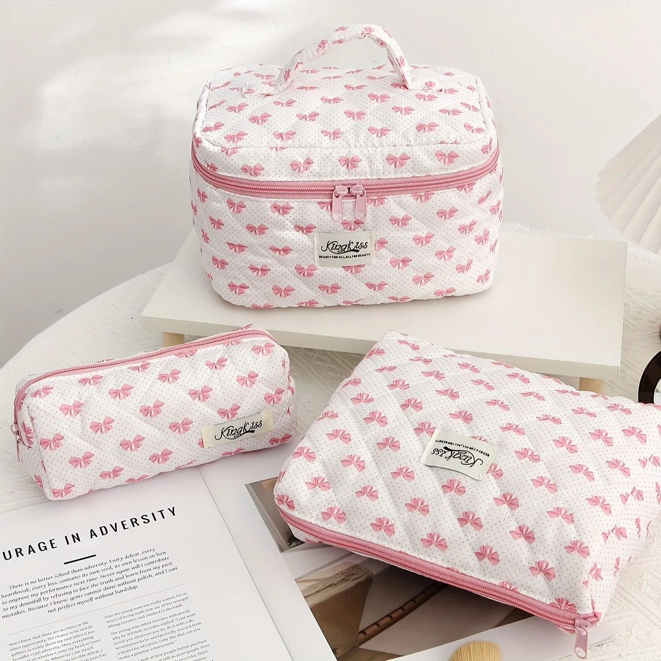 Borsa per il trucco trapuntata da viaggio grande 3 pezzi per le donne, borsa per cosmetici in cotone floreale, borsa per l\'organizzatore di articoli