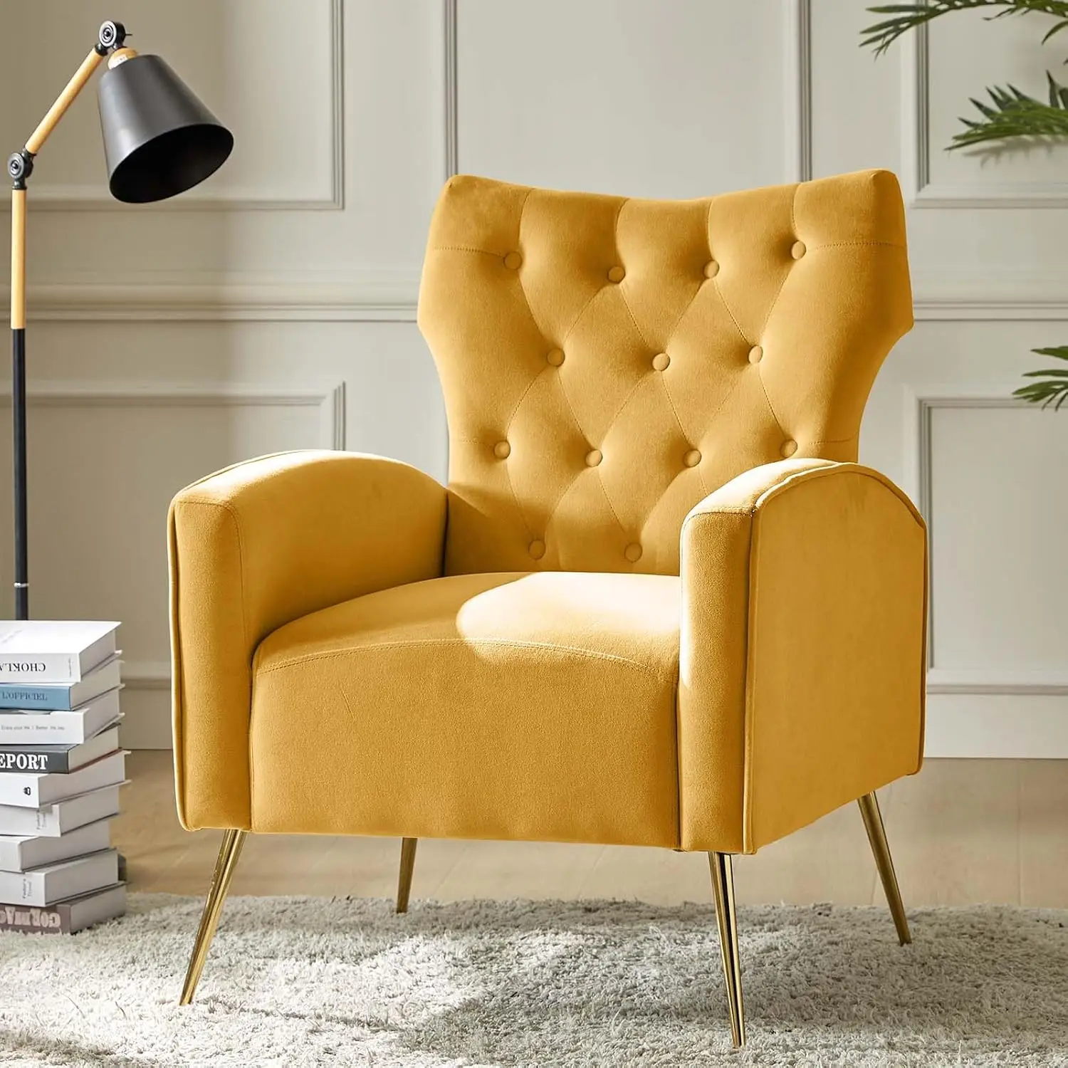 Tina'S บ้านโมเดิร์น Wingback กํามะหยี่ Accent เก้าอี้,ปุ่ม Tufted Comfy อาร์มแชร์ขาทอง, เบาะเก้าอี้โซฟาสําหรับห้องนั่งเล่น