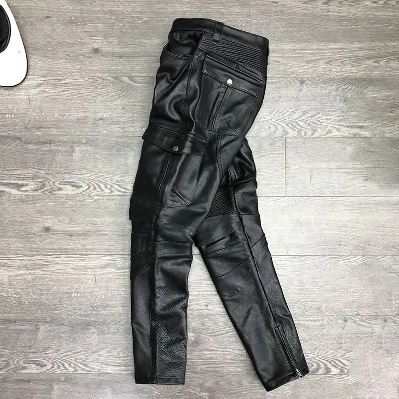 Black Winter Leather Trousers Men Motorcyce Style Plus Size 4XL Genuine Natural Cowhide Can Add Protective Gear Pants