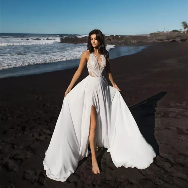 

Boho Lace Applique Chiffon Wedding Dress High Slit Sleeveless Beach Bridal Gown Backless A-Line Court Train Civil Robe De Mariée