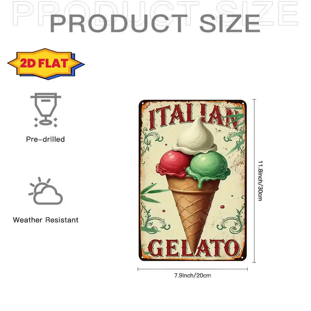 Italian Gelato: A Classic Sweet Delight Metal Iron Sign, Pre-Drilled Holes, Wall Decor for Home Farmhouse Living Room Deck Porch